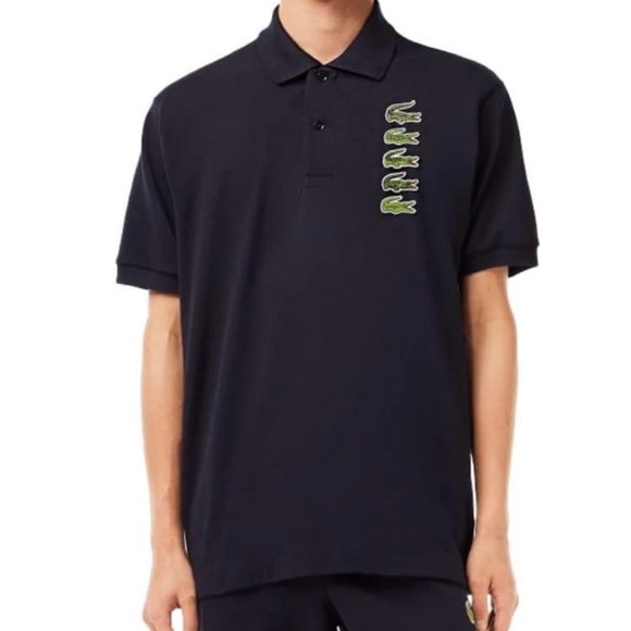 LACOSTE  Navy Stacked Timeline Croc Pique Polo Shirt - Picture 1 of 5